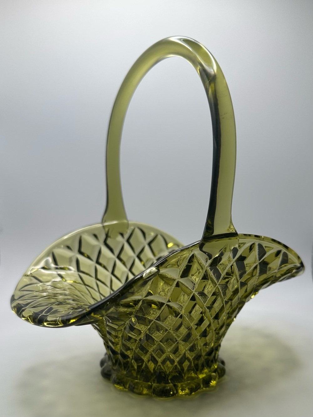 Vintage Olive Green Glass Wedding Basket Diamond Pattern Pedestal Bowl